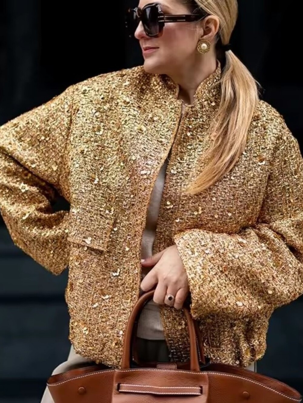 Gold Sequin Bouclé Jacket - Women's Statement Coat